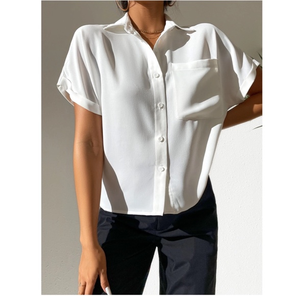 White Casual Button Up / Down Shirt Collar V-Neck Button Front Short Sleeve - Picture 11 of 17